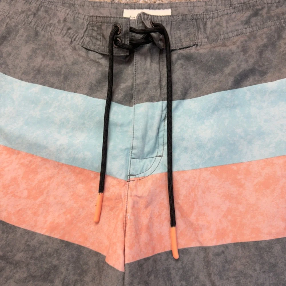 American Eagle Mens Board Shorts Gray‎ Turquoise Peach Striped Swim Trunks L